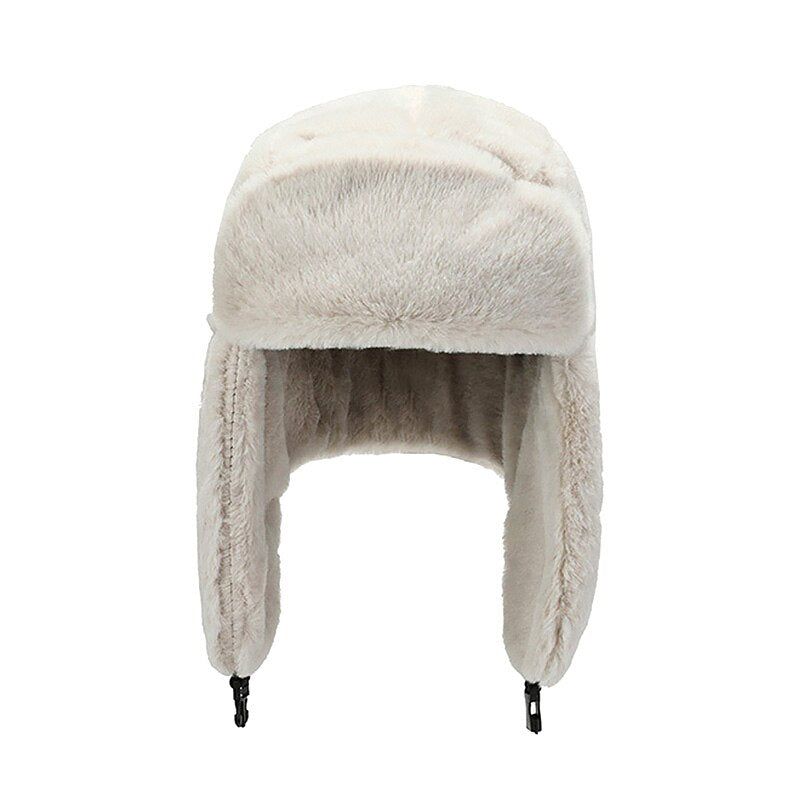 Fashion Women Winter Warm Faux Fur Bomber Hats in black and white, showcasing soft faux fur material and stylish design.