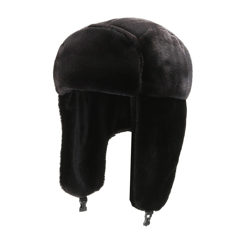 Fashion Women Winter Warm Faux Fur Bomber Hats in black and white, showcasing soft faux fur material and stylish design.
