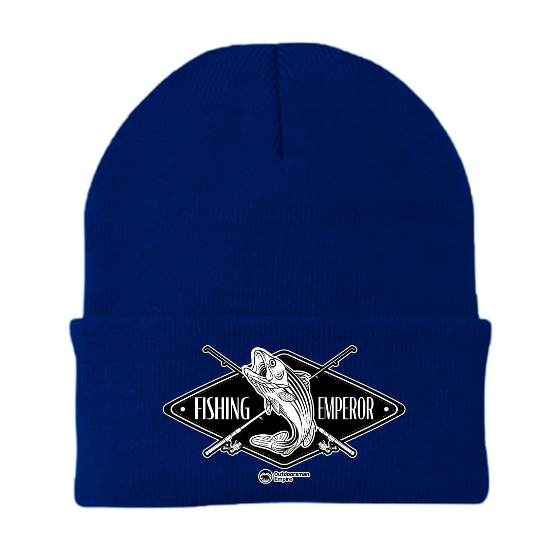 Fishing Emperor v2 Embroidered Beanie showcasing its stylish design and comfortable fit, perfect for outdoor activities.