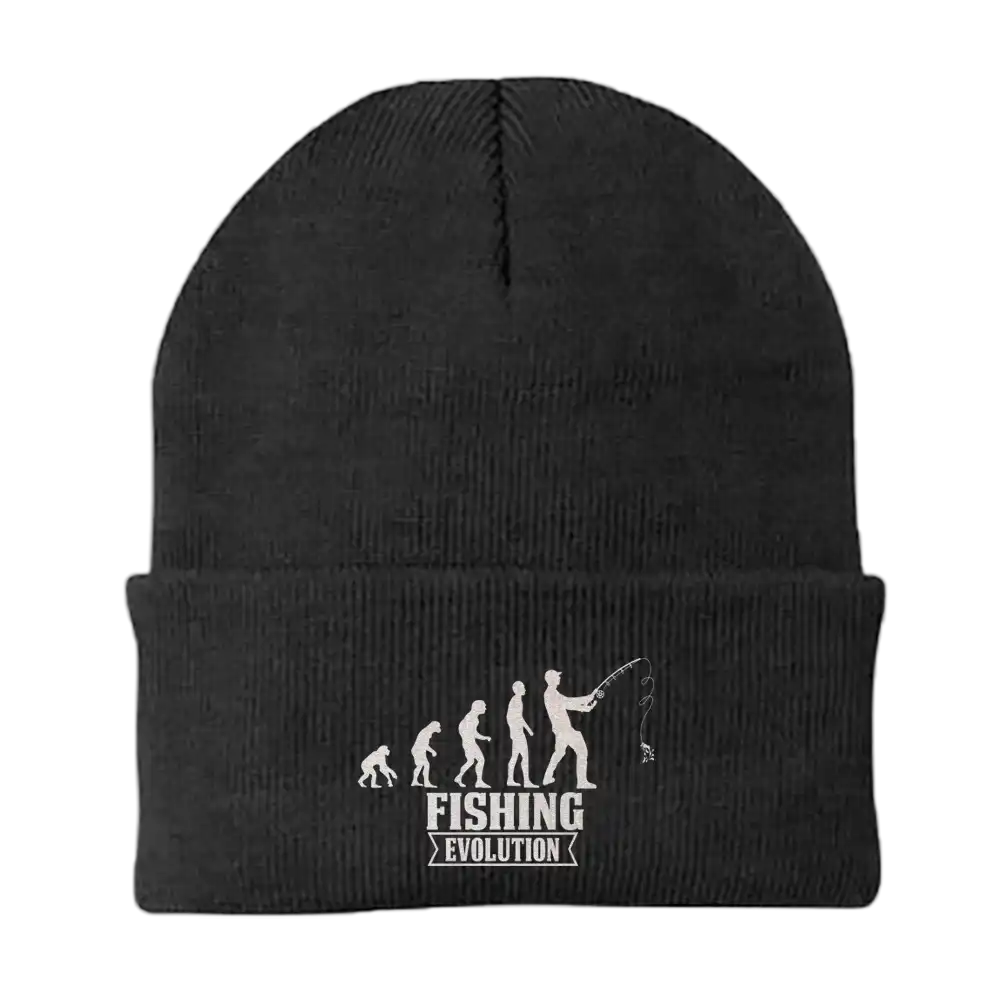 Fishing Evolution Embroidered Beanie showcasing unique design and comfortable fit, perfect for outdoor enthusiasts.
