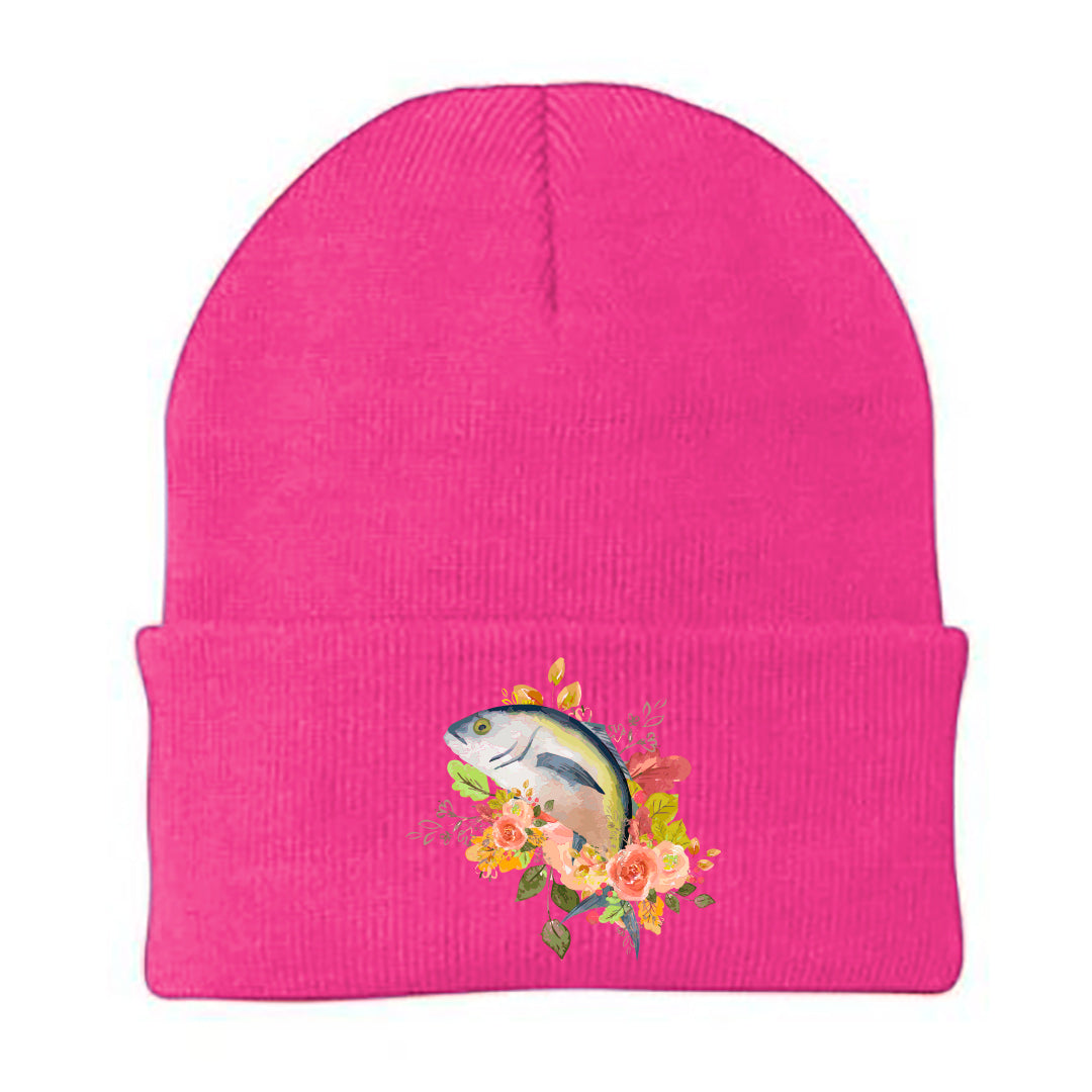 Fishing Flower Embroidered Beanie showcasing vibrant floral design and soft fabric blend.