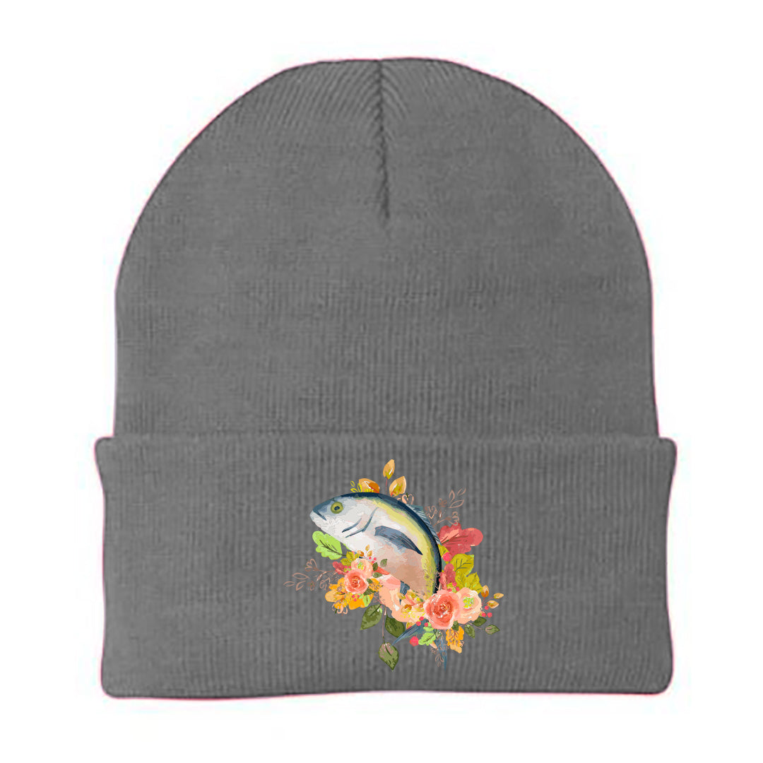Fishing Flower Embroidered Beanie showcasing vibrant floral design and soft fabric blend.