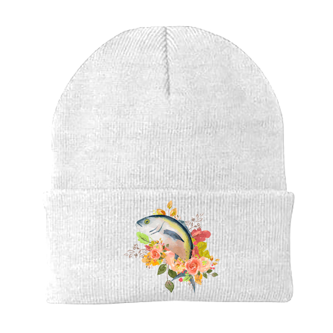Fishing Flower Embroidered Beanie showcasing vibrant floral design and soft fabric blend.