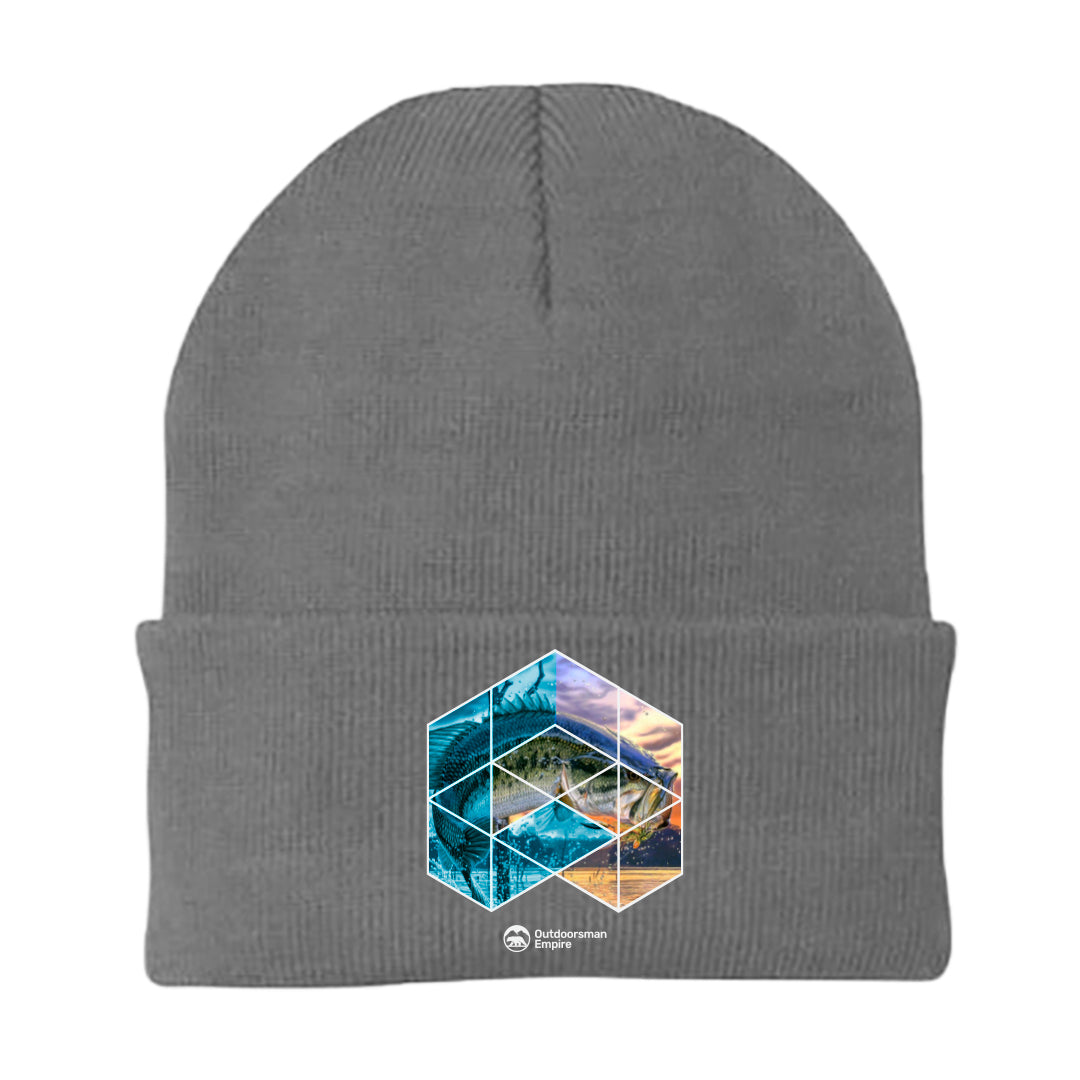 Fishing Geometry Embroidered Beanie showcasing a stylish design with a snug fit, perfect for outdoor activities.