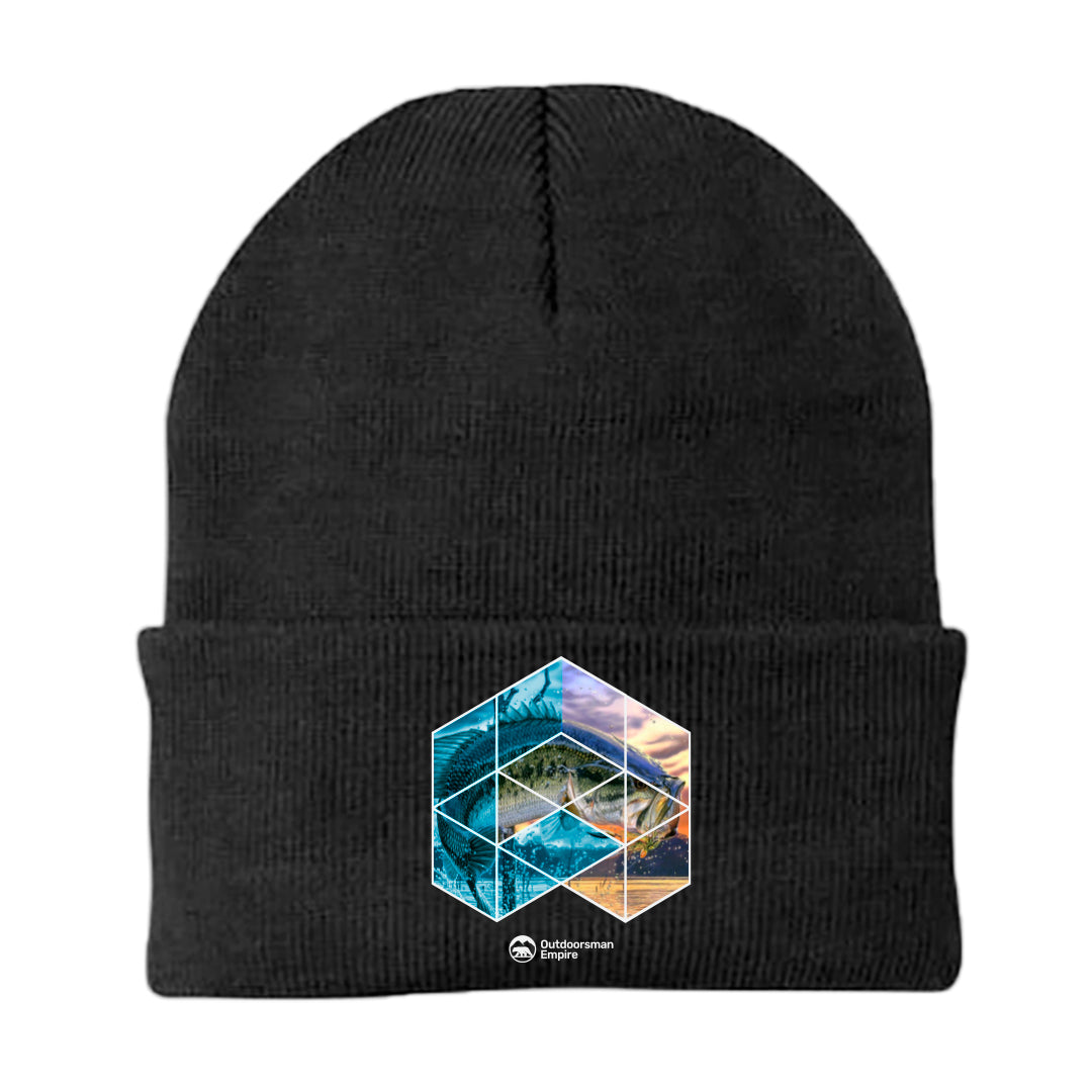 Fishing Geometry Embroidered Beanie showcasing a stylish design with a snug fit, perfect for outdoor activities.