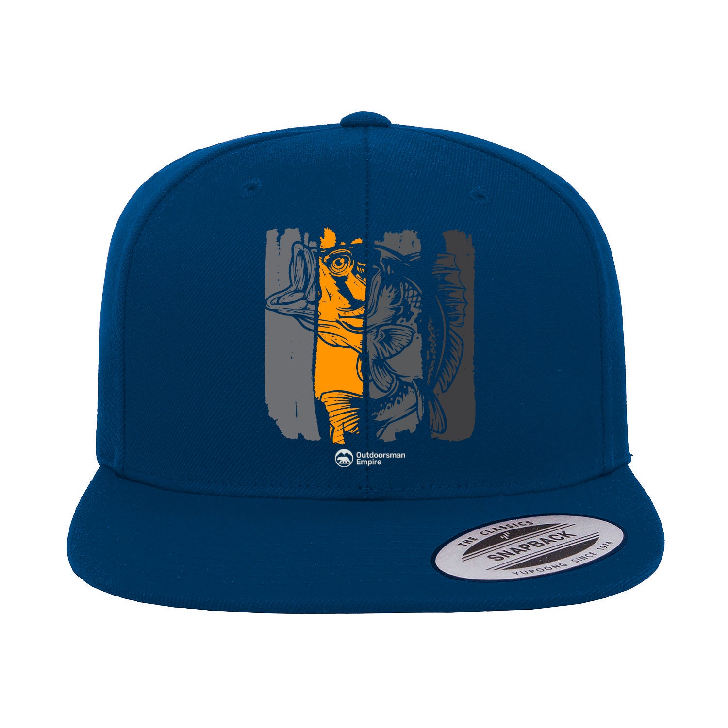 Fishing Grunge Bars Flat Bill Cap with embroidered design, green undervisor, and structured high-profile fit.