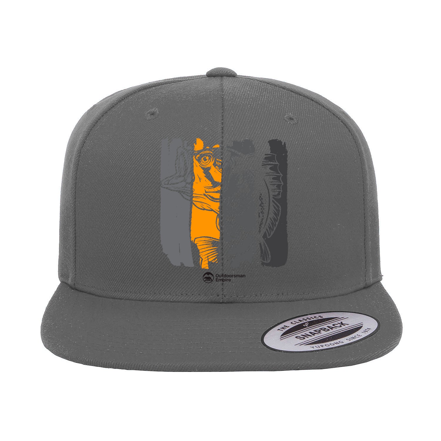 Fishing Grunge Bars Flat Bill Cap with embroidered design, green undervisor, and structured high-profile fit.