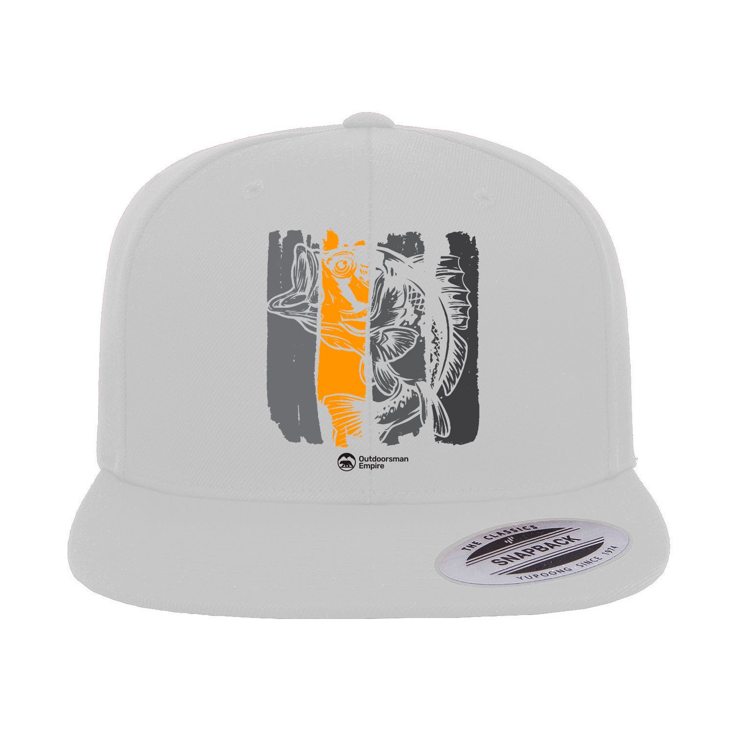 Fishing Grunge Bars Flat Bill Cap with embroidered design, green undervisor, and structured high-profile fit.