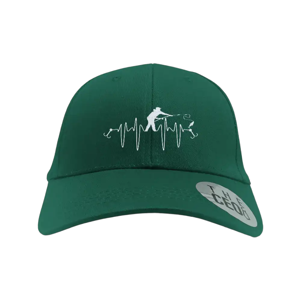 Fishing Heart Beat Embroidered Baseball Hat featuring a unique design, made from 100% cotton with a snapback closure.