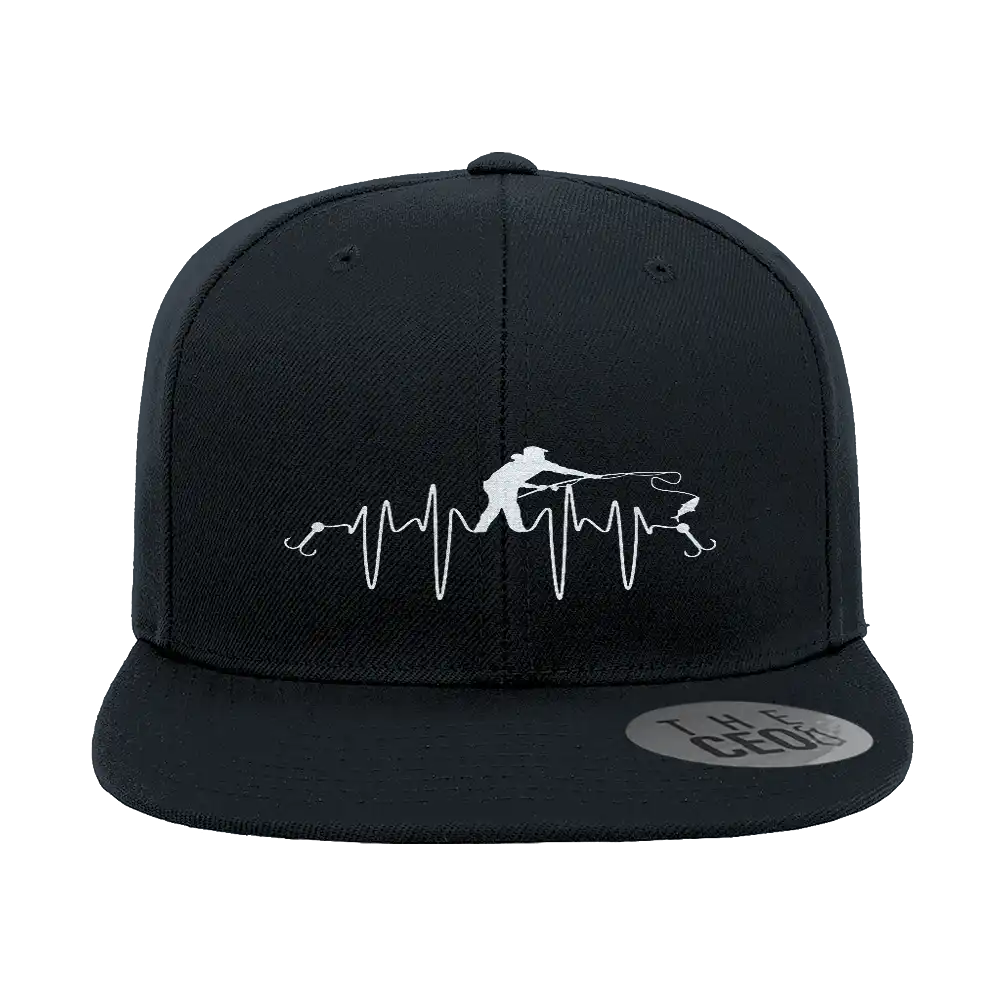 Fishing Heart Beat Embroidered Flat Bill Cap showcasing a structured design with a unique fishing heartbeat embroidery.