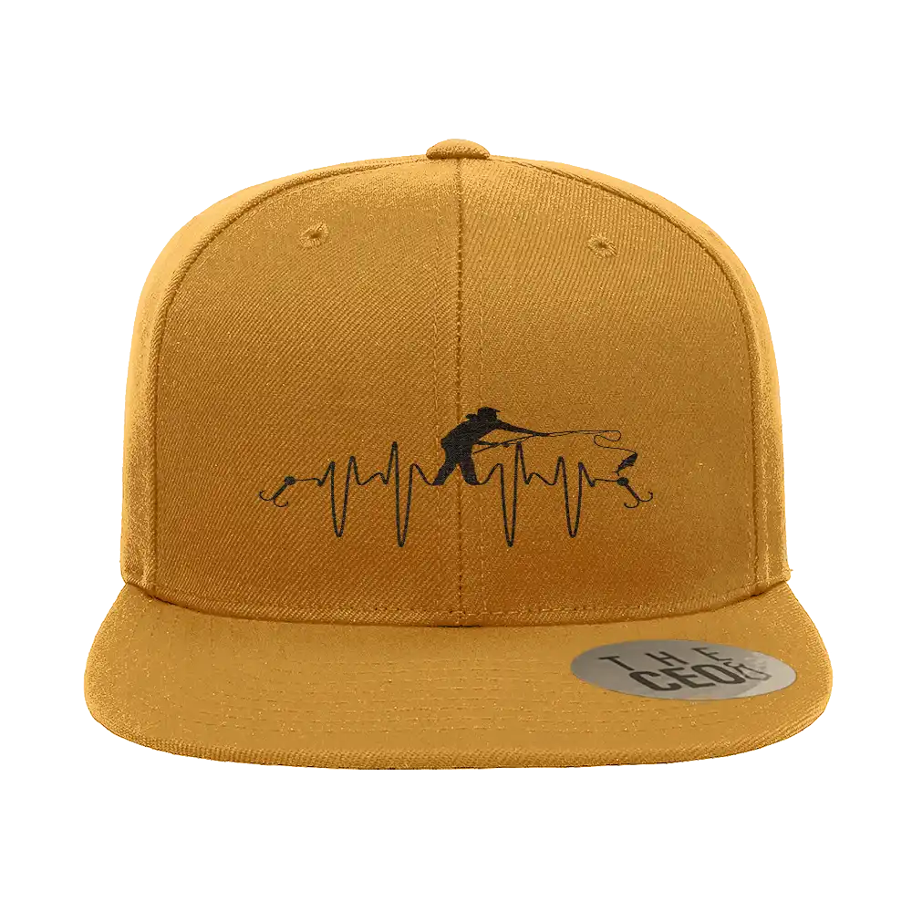Fishing Heart Beat Embroidered Flat Bill Cap showcasing a structured design with a unique fishing heartbeat embroidery.