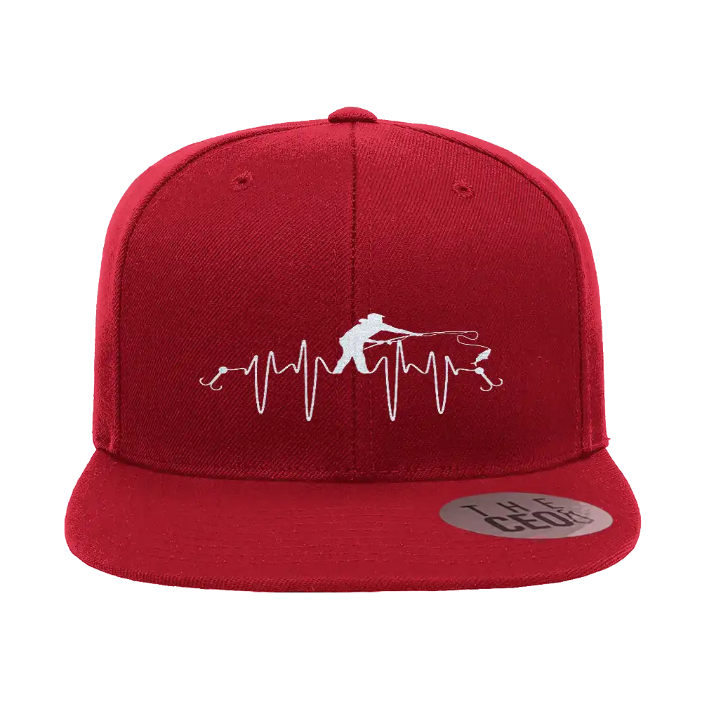 Fishing Heart Beat Embroidered Flat Bill Cap showcasing a structured design with a unique fishing heartbeat embroidery.