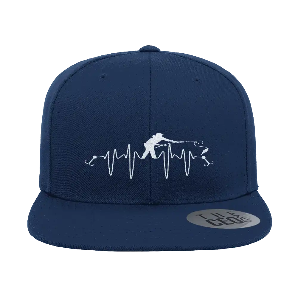Fishing Heart Beat Embroidered Flat Bill Cap showcasing a structured design with a unique fishing heartbeat embroidery.