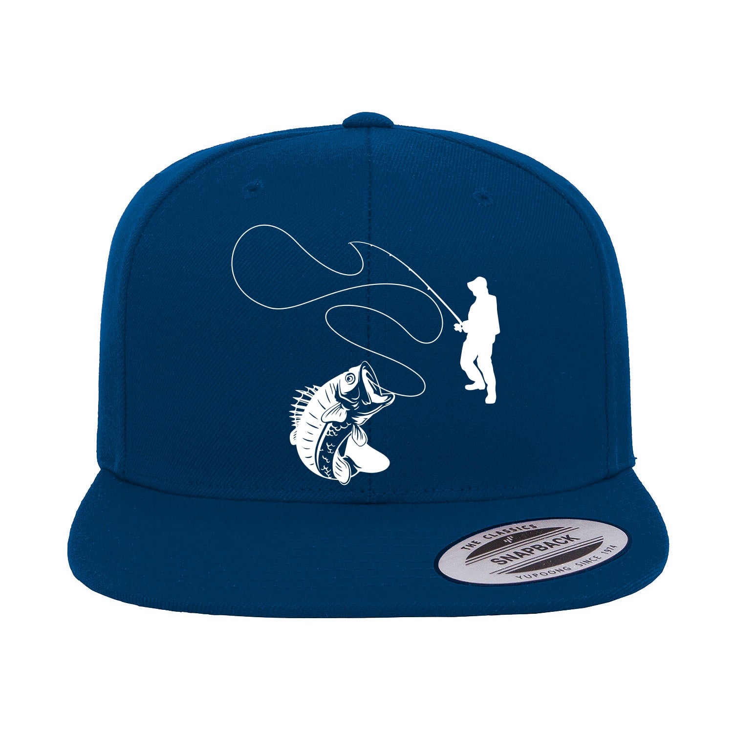 Fishing Lines Embroidered Flat Bill Cap featuring a structured design, green under visor, and snapback closure, perfect for outdoor activities.