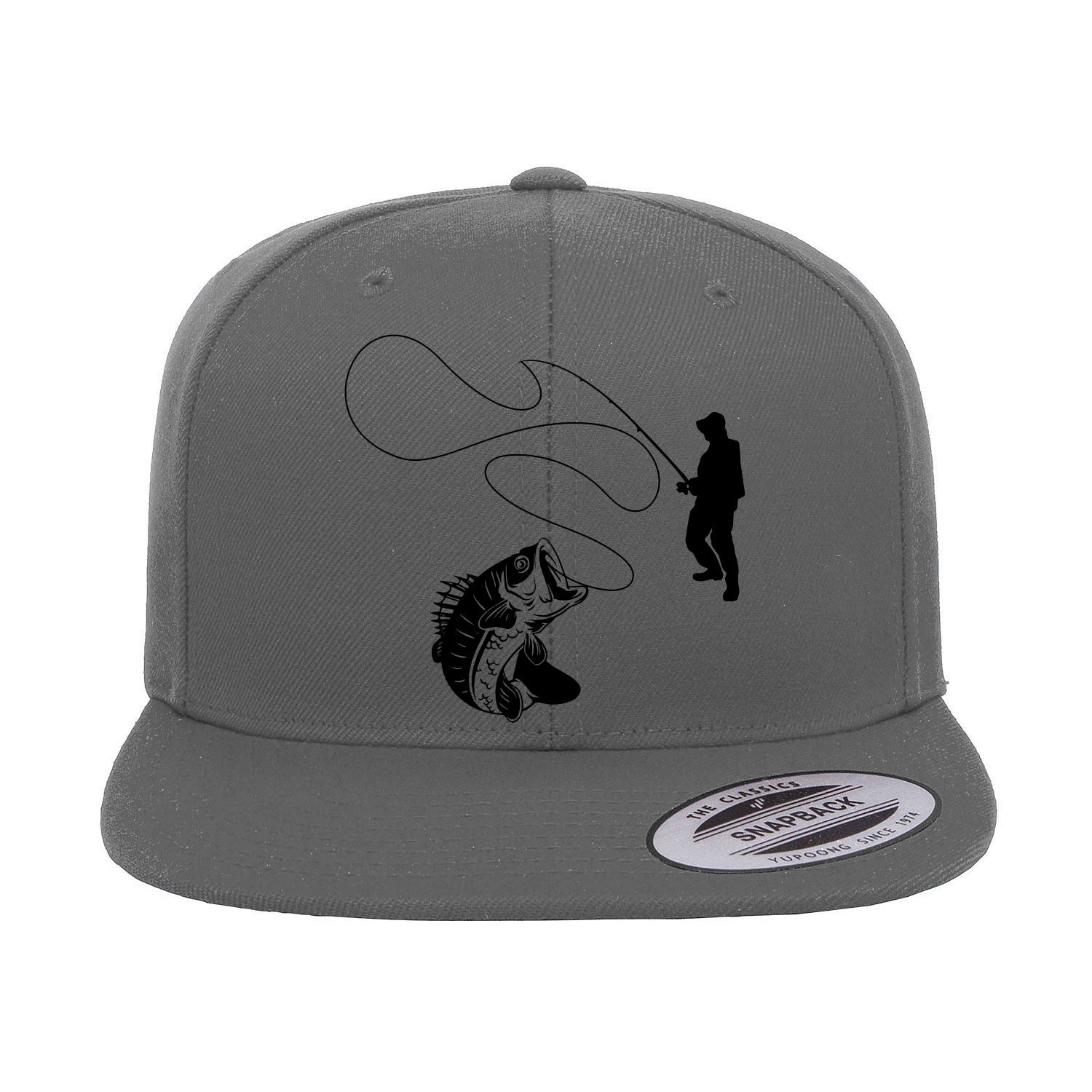 Fishing Lines Embroidered Flat Bill Cap featuring a structured design, green under visor, and snapback closure, perfect for outdoor activities.