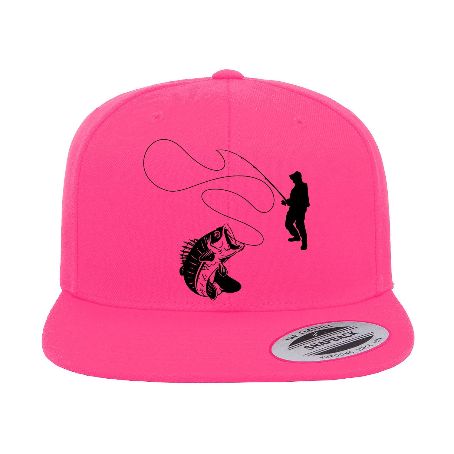 Fishing Lines Embroidered Flat Bill Cap featuring a structured design, green under visor, and snapback closure, perfect for outdoor activities.