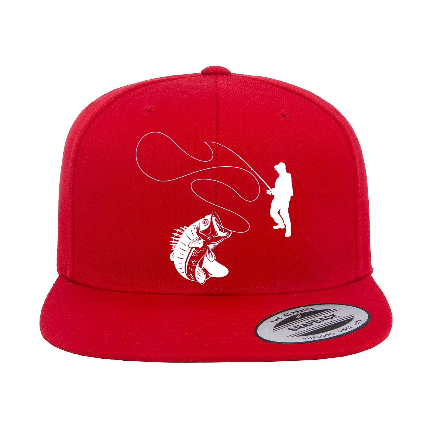 Fishing Lines Embroidered Flat Bill Cap featuring a structured design, green under visor, and snapback closure, perfect for outdoor activities.