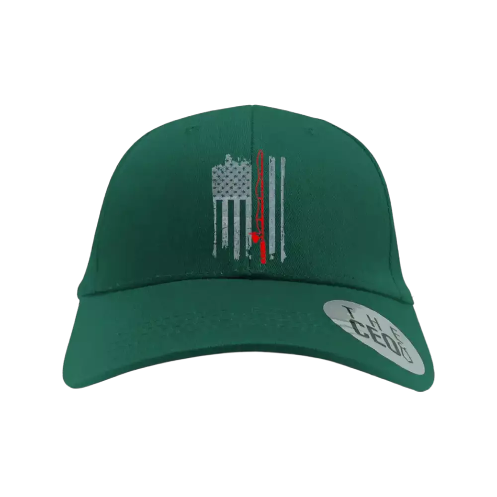 Fishing Rod American Flag Embroidered Baseball Hat featuring a vibrant American flag design, perfect for outdoor activities.