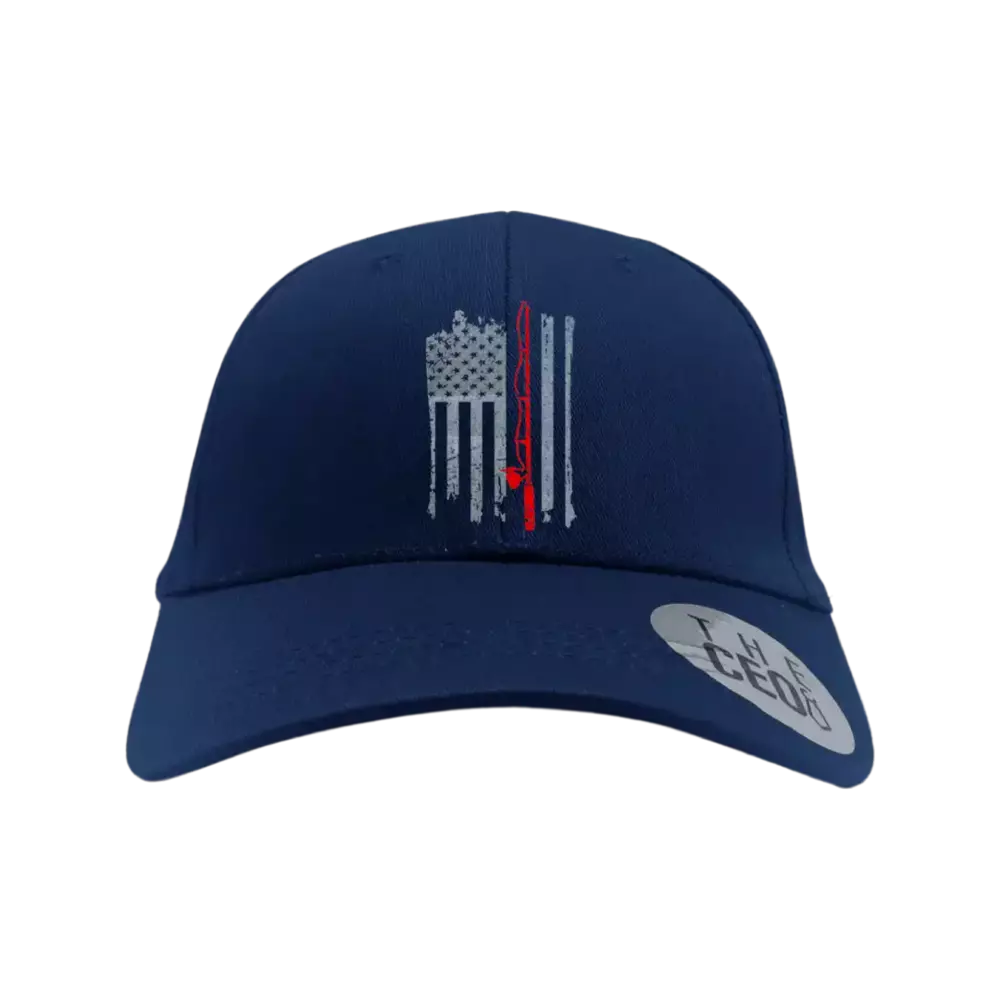 Fishing Rod American Flag Embroidered Baseball Hat featuring a vibrant American flag design, perfect for outdoor activities.