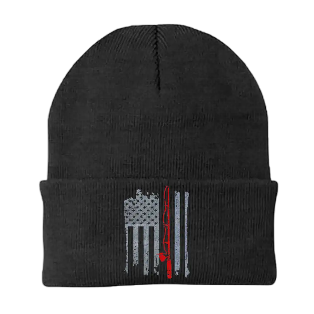 Fishing Rod American Flag Embroidered Beanie showcasing its patriotic design and comfortable fit.