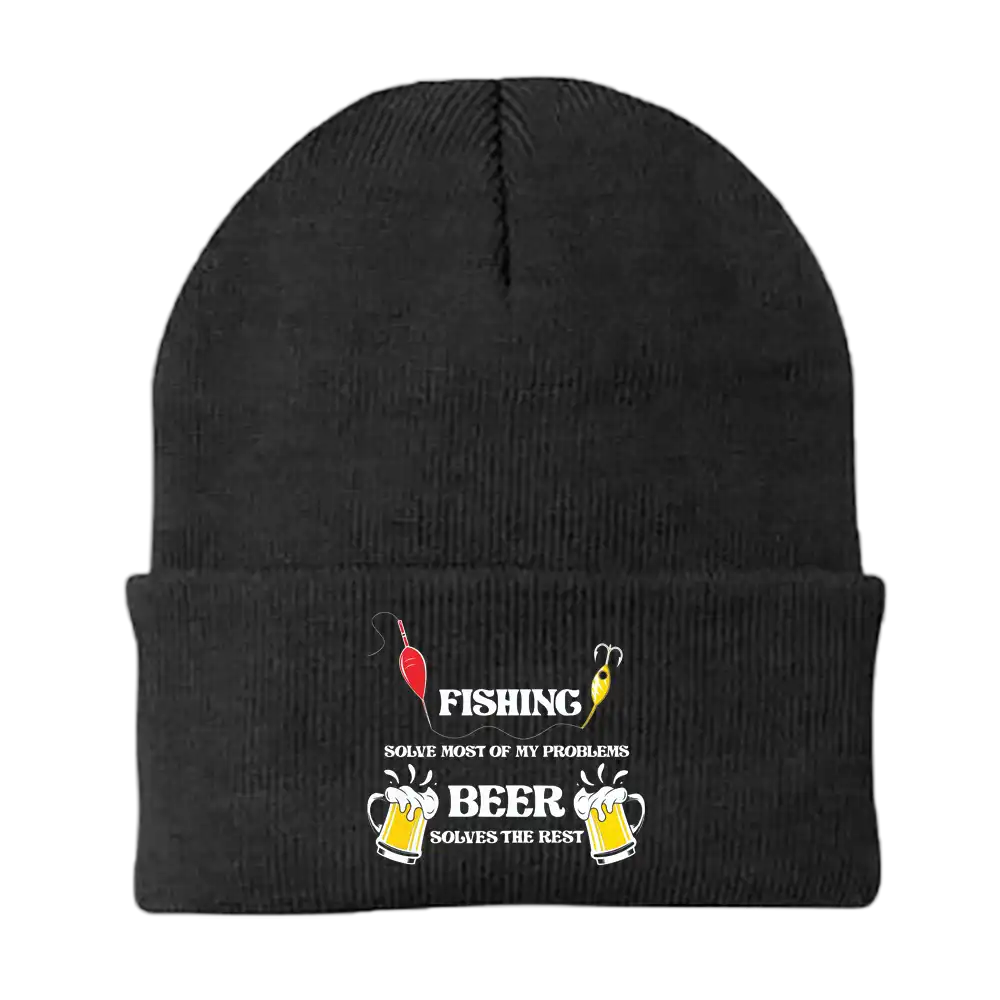 Fishing Solves All My Problem Embroidered Beanie in a stylish design, perfect for fishing enthusiasts, made from a cotton-acrylic blend.