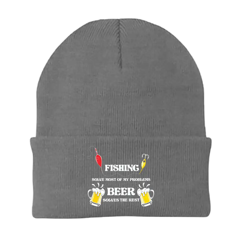 Fishing Solves All My Problem Embroidered Beanie in a stylish design, perfect for fishing enthusiasts, made from a cotton-acrylic blend.