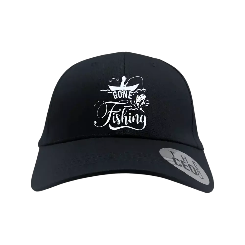 Gone Fishing Embroidered Baseball Hat showcasing a stylish design with fishing theme, made from breathable cotton blend material.