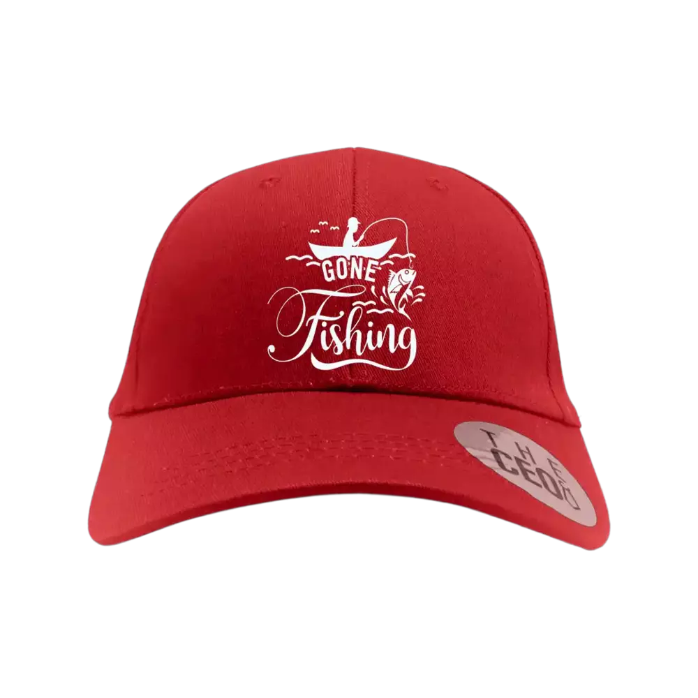 Gone Fishing Embroidered Baseball Hat showcasing a stylish design with fishing theme, made from breathable cotton blend material.