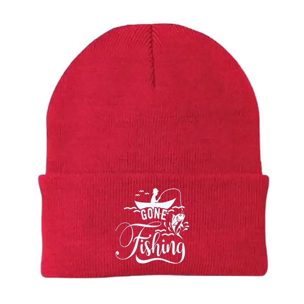 Gone Fishing Embroidered Beanie featuring a unique fishing design, made from a breathable cotton-acrylic blend, perfect for outdoor activities.