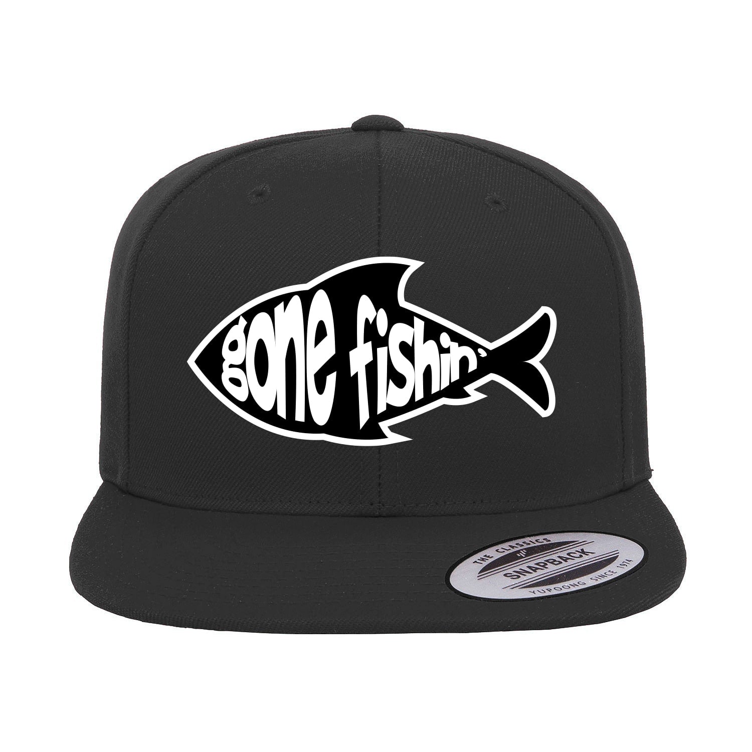 Gone Fishing Embroidered Flat Bill Cap featuring a structured design, green under visor, and snapback closure, perfect for fishing enthusiasts.