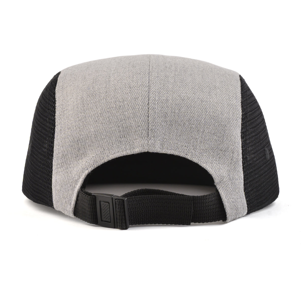 Grey Mesh Arrow 5-Panel Strapback hat featuring a round embossed leather patch and adjustable black buckle closure.