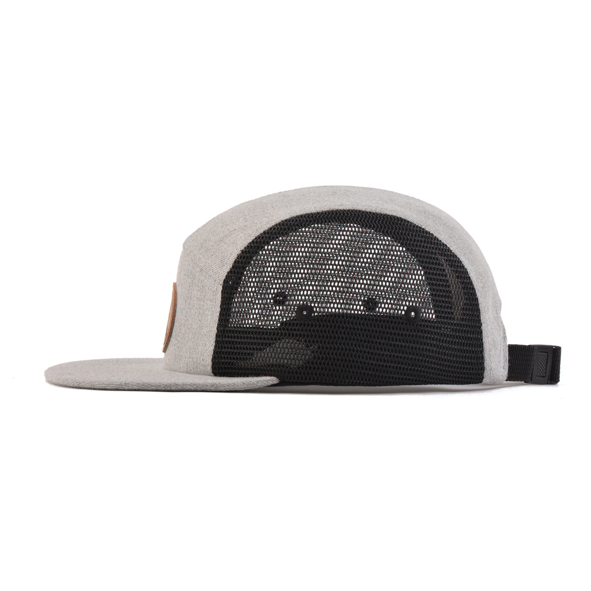 Grey Mesh Arrow 5-Panel Strapback hat featuring a round embossed leather patch and adjustable black buckle closure.