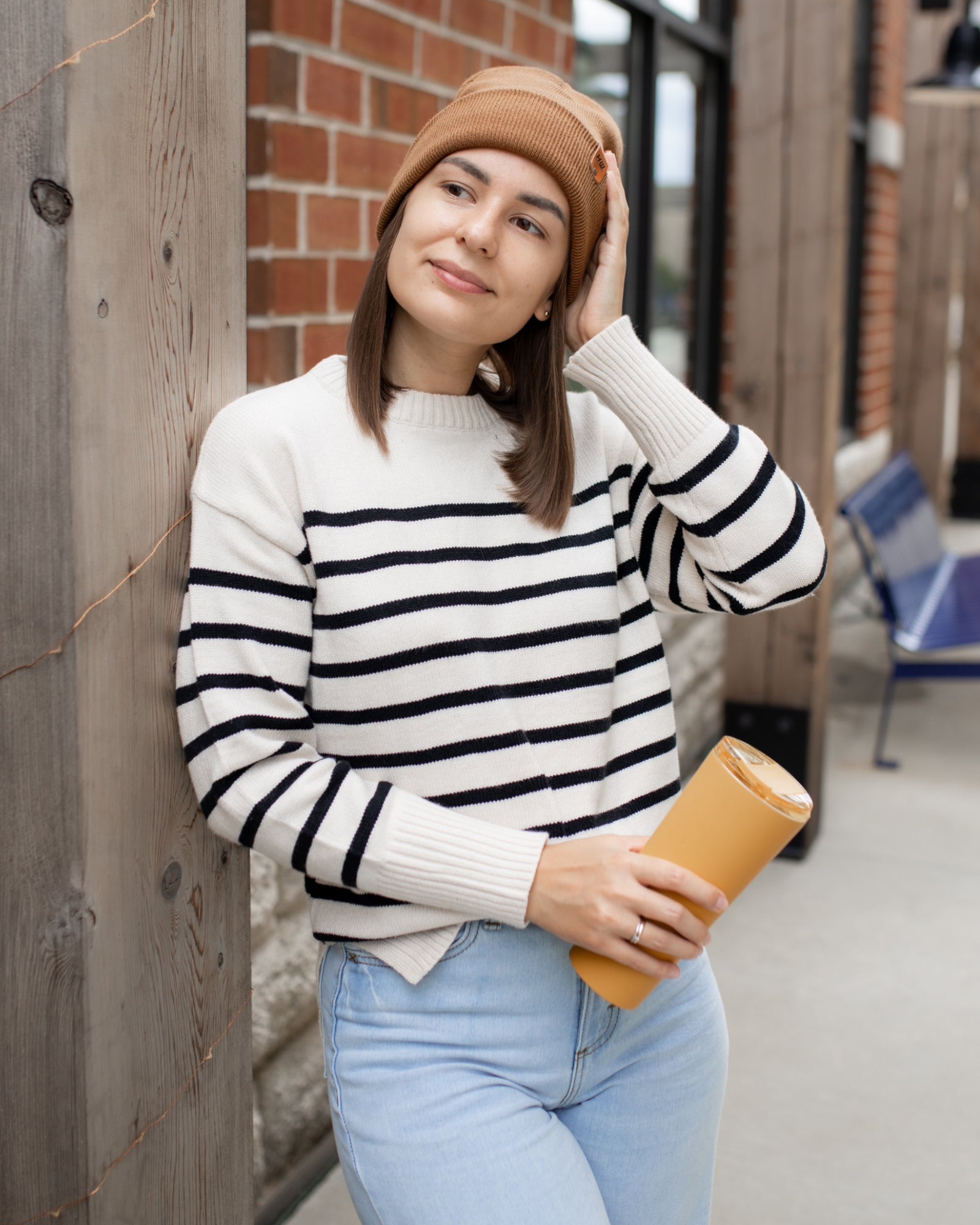 HAAKWEAR Knit Cuffed Beanie in Camel Brown, showcasing its stylish design and soft texture.