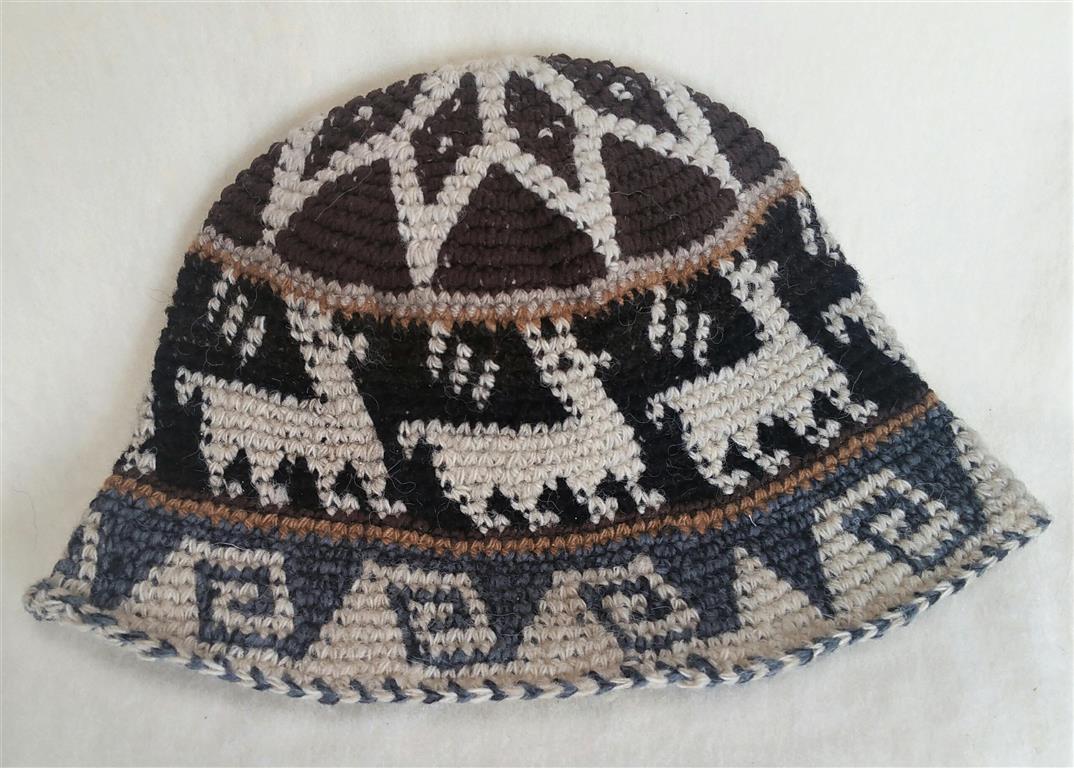 Hand Crochet Roll Up Rustic Alpaca Hat featuring unique patterns and cute alpaca designs, handmade in Peru, warm and comfortable for all ages.