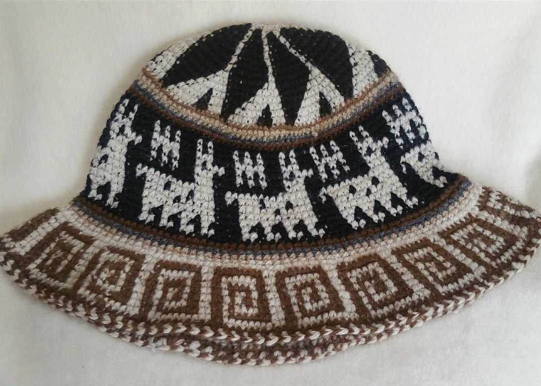 Hand Crochet Roll Up Rustic Alpaca Hat featuring unique patterns and cute alpaca designs, handmade in Peru, warm and comfortable for all ages.