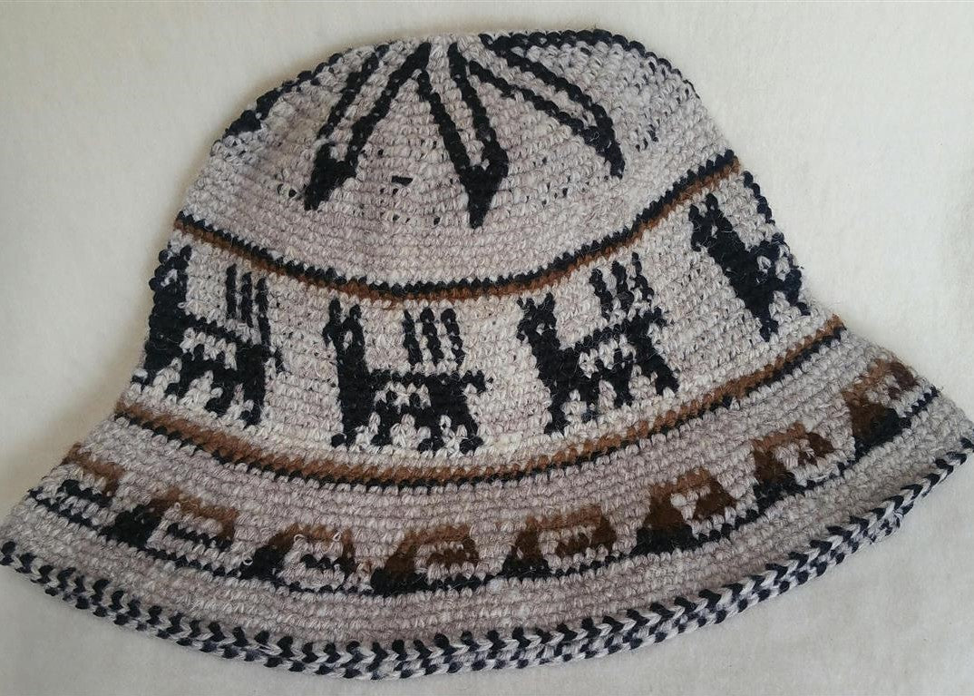 Hand Crochet Roll Up Rustic Alpaca Hat featuring unique patterns and cute alpaca designs, handmade in Peru, warm and comfortable for all ages.