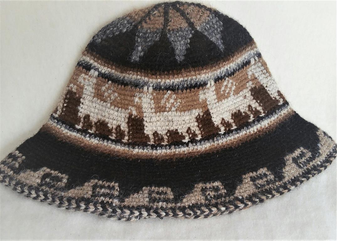 Hand Crochet Roll Up Rustic Alpaca Hat featuring unique patterns and cute alpaca designs, handmade in Peru, warm and comfortable for all ages.