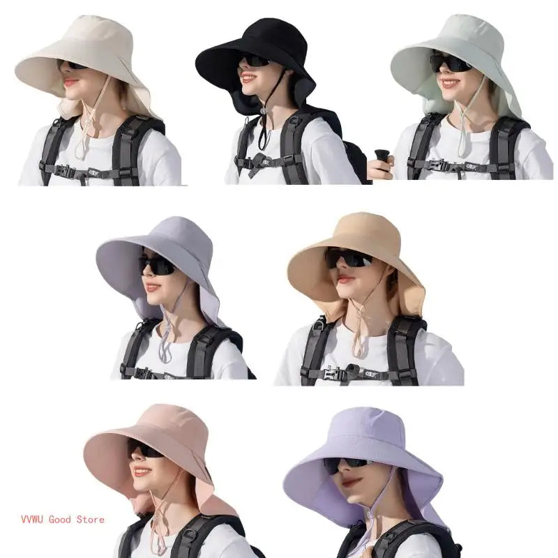 A stylish women's hat with a neck flap and ponytail hole, perfect for hiking and fishing, made from breathable polyester material.