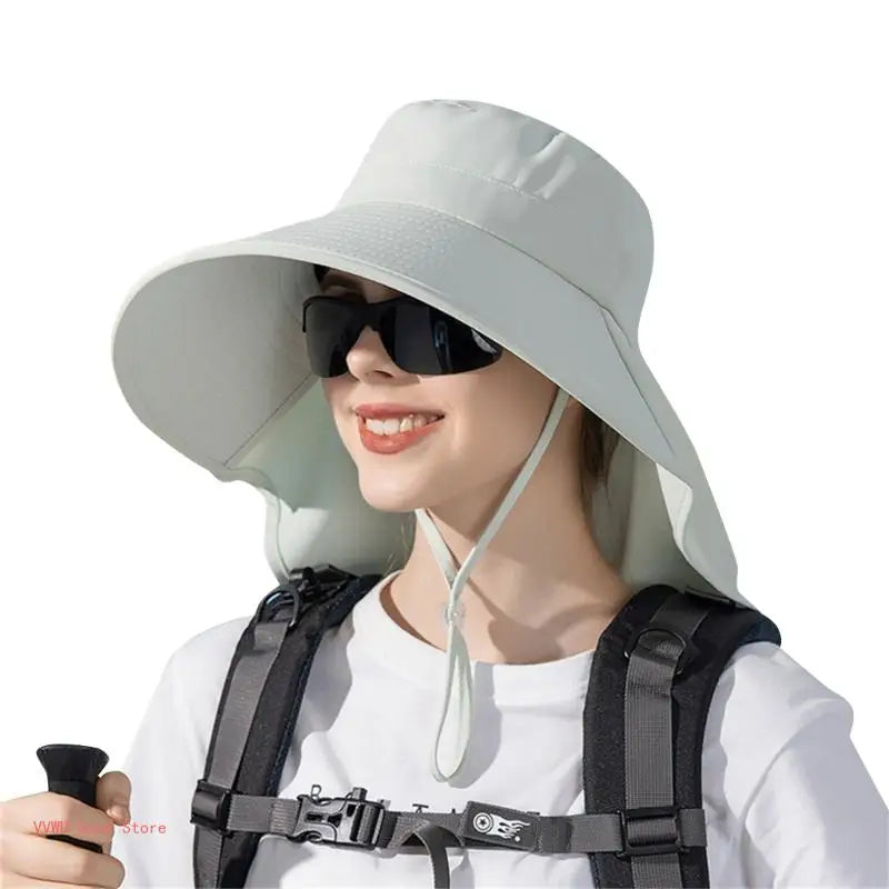 A stylish women's hat with a neck flap and ponytail hole, perfect for hiking and fishing, made from breathable polyester material.