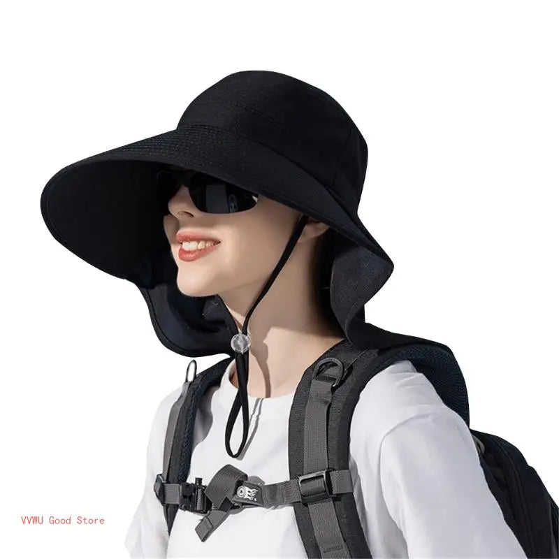 A stylish women's hat with a neck flap and ponytail hole, perfect for hiking and fishing, made from breathable polyester material.