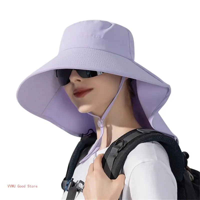 A stylish women's hat with a neck flap and ponytail hole, perfect for hiking and fishing, made from breathable polyester material.