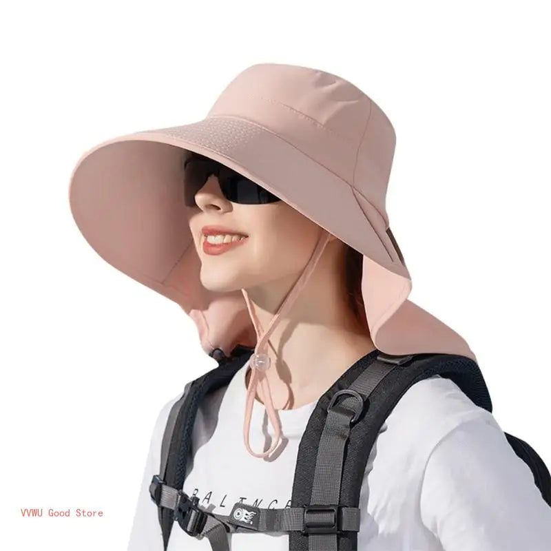 A stylish women's hat with a neck flap and ponytail hole, perfect for hiking and fishing, made from breathable polyester material.