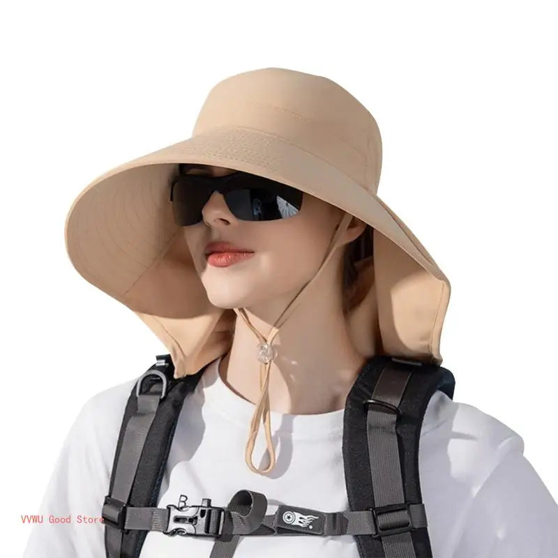 A stylish women's hat with a neck flap and ponytail hole, perfect for hiking and fishing, made from breathable polyester material.