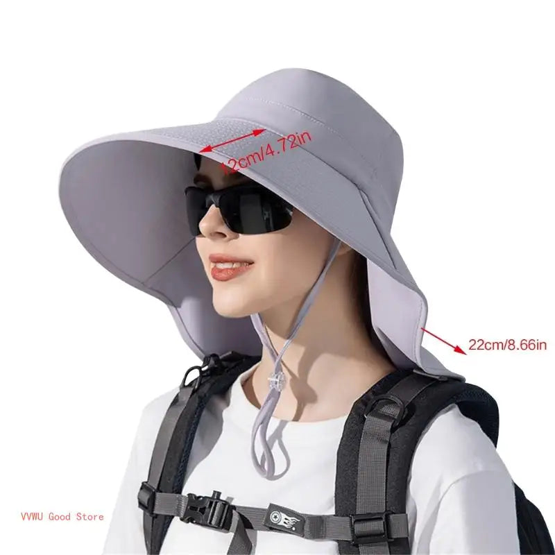 A stylish women's hat with a neck flap and ponytail hole, perfect for hiking and fishing, made from breathable polyester material.