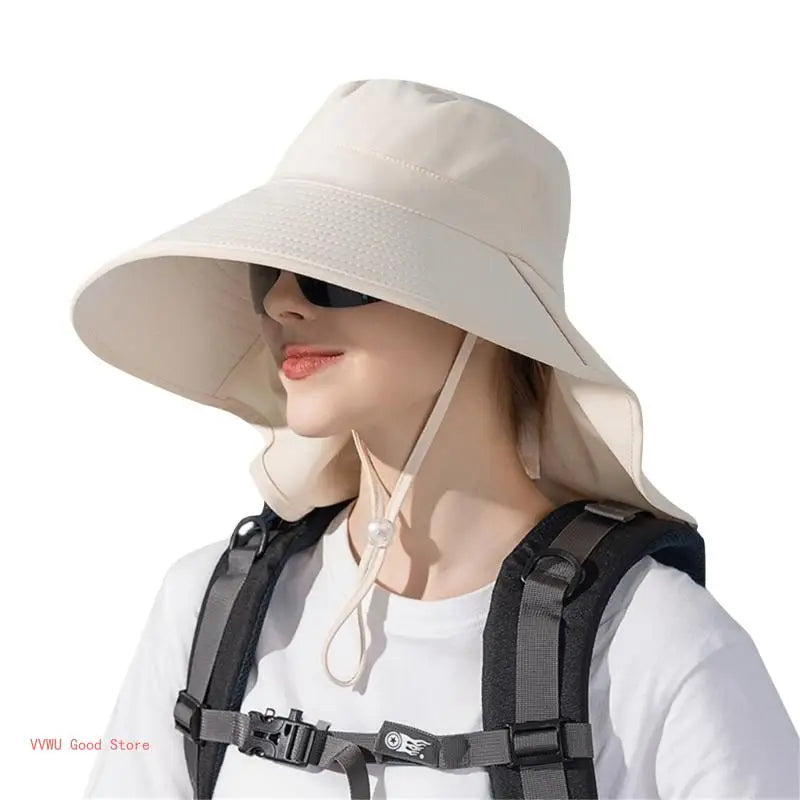 A stylish women's hat with a neck flap and ponytail hole, perfect for hiking and fishing, made from breathable polyester material.