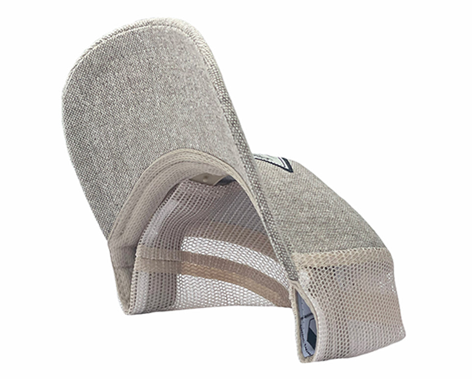 Khaki SixHats Signature Snapback Hat featuring an embroidered patch, khaki wool material, and a matching mesh back for comfort.