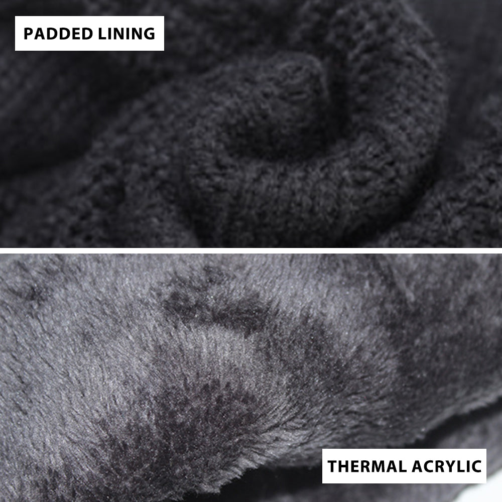 A cozy three-piece winter set including a knitted wool hat, scarf, and touchscreen gloves in vibrant colors.