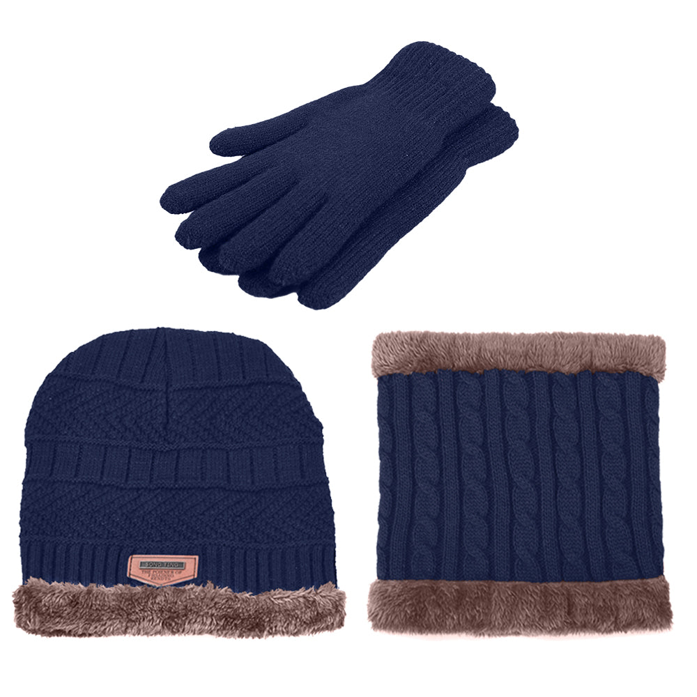 A cozy three-piece winter set including a knitted wool hat, scarf, and touchscreen gloves in vibrant colors.