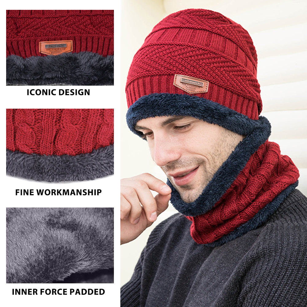 A cozy three-piece winter set including a knitted wool hat, scarf, and touchscreen gloves in vibrant colors.