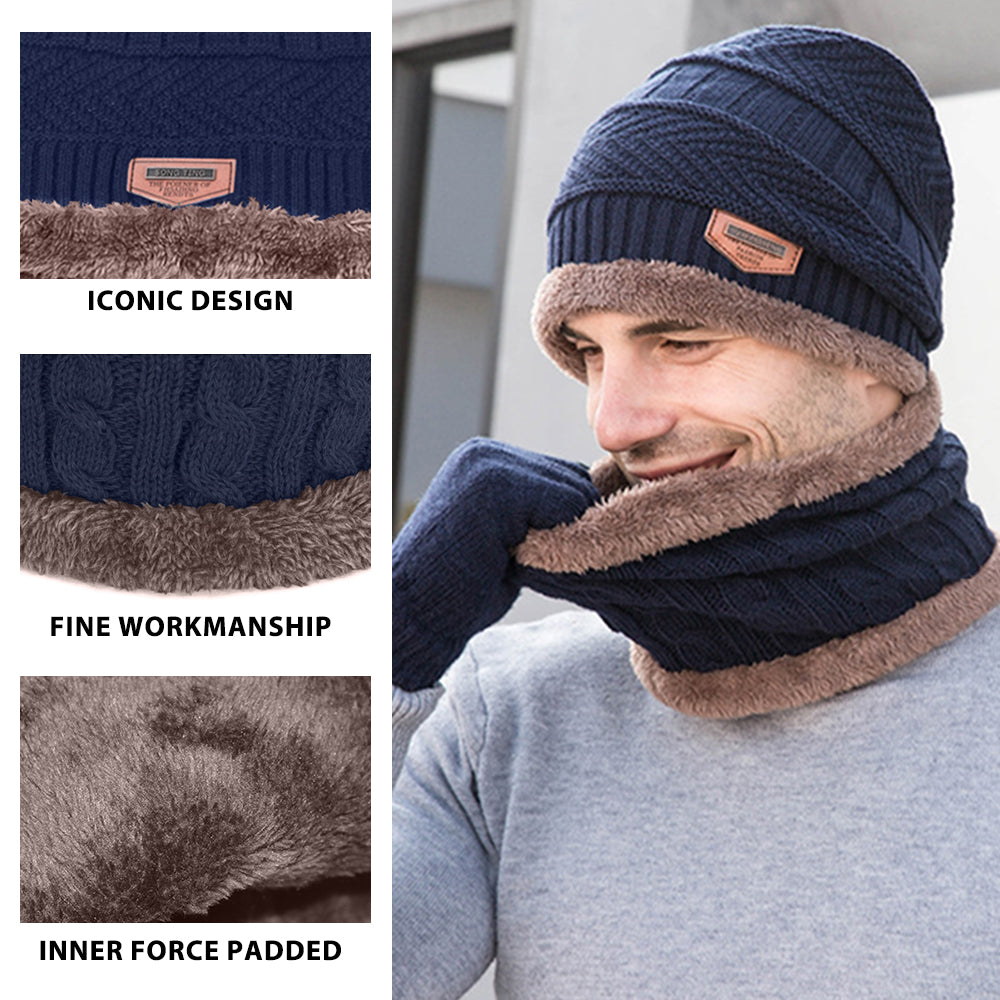 A cozy three-piece winter set including a knitted wool hat, scarf, and touchscreen gloves in vibrant colors.